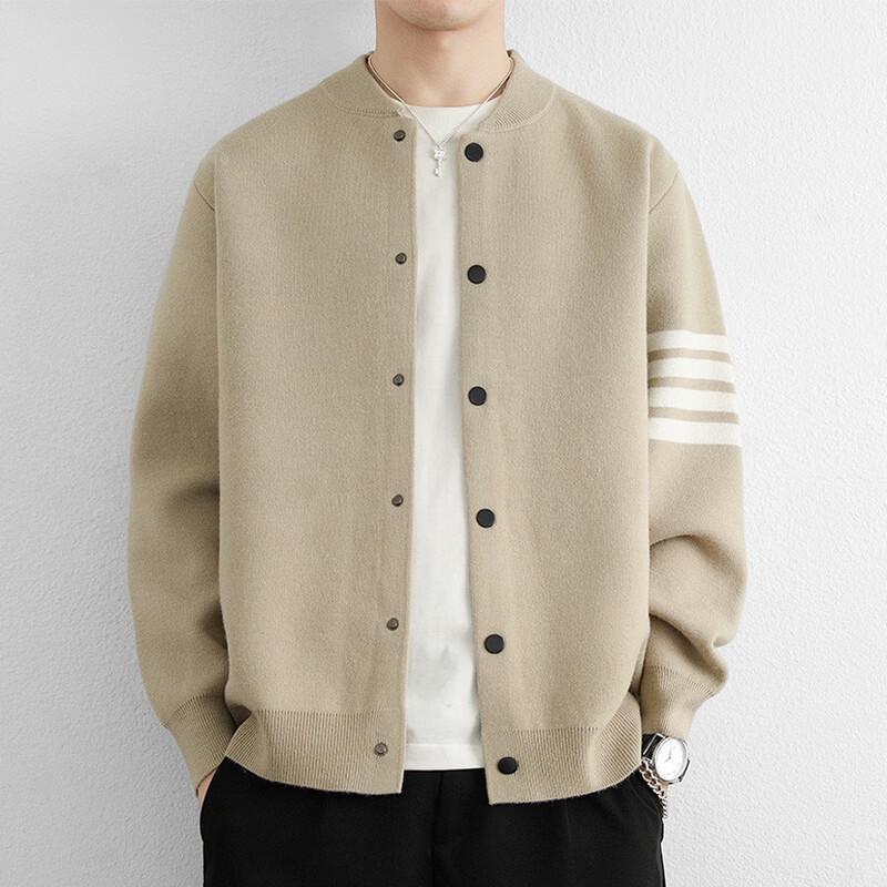 Romon Men's Striped Knitted Baseball Collar Cardigan Jacket