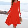 Women's Casual Fashion Round Neck Long Sleeve Solid Color Irregular Hem Midi Dress