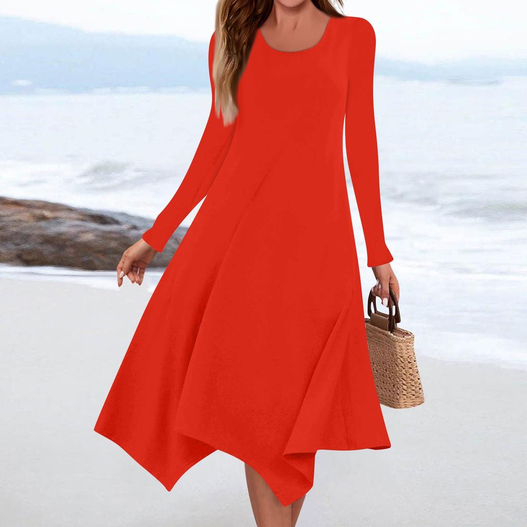 Women's Casual Fashion Round Neck Long Sleeve Solid Color Irregular Hem Midi Dress