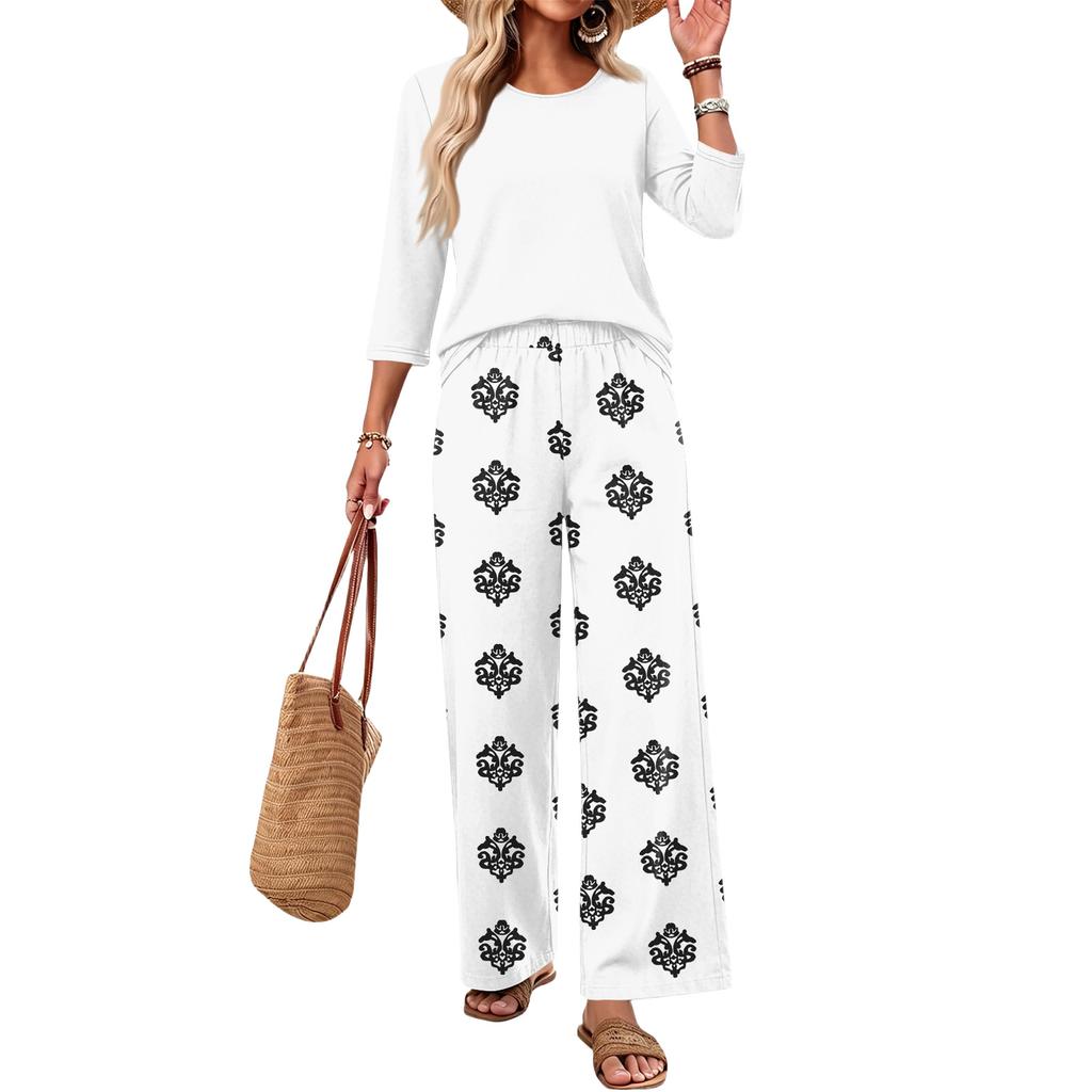Women's Casual Two Piece Set Round Neck Loose Fit Top with Three Quarter Sleeves and Wide Leg Printed Pants Lounge Wear Set