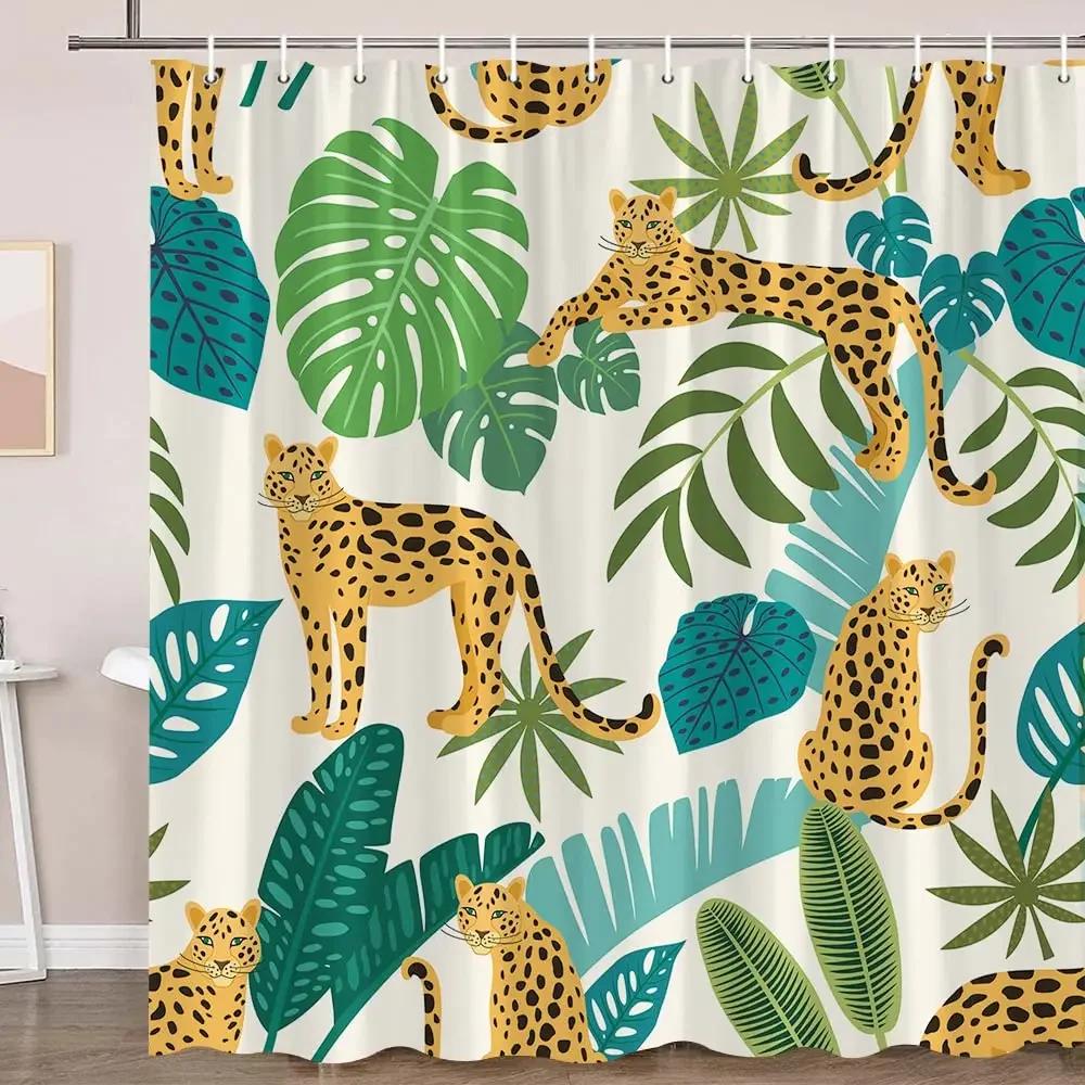 Шторка для душа с гепардом, Тропическая шторка для ванной с леопардовым принтом и дикой природой, Современная розовая эстетичная шторка для ванной с фазами луны и синим цветочным принтом