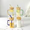 High Value Glass Straw Cup with Cover Square Color Handle Transparent Glass Milk Tea Flat Bottom Single Layer Cup