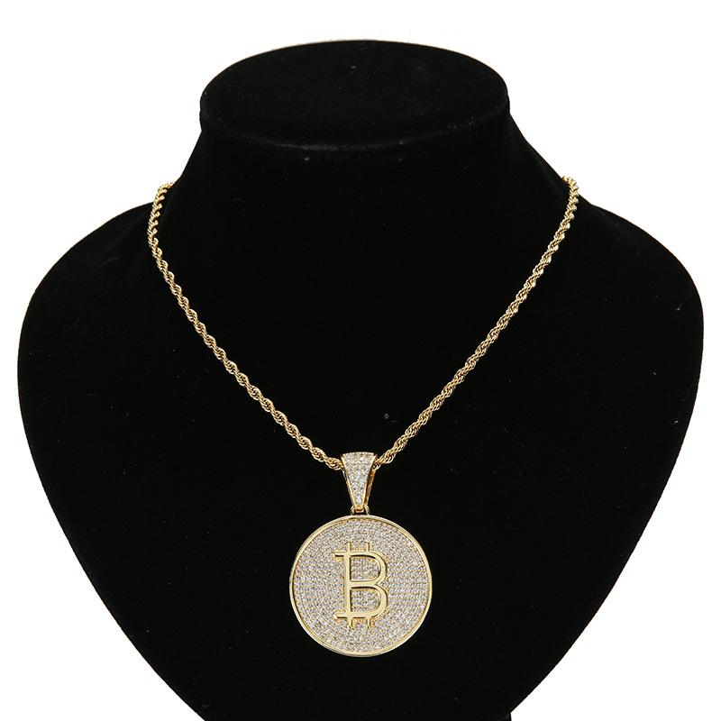 Кулон-монета Bitcoin с инкрустацией цирконами цвета меди, Хип-хоп тренд, Мужские персонализированные аксессуары для ожерелья