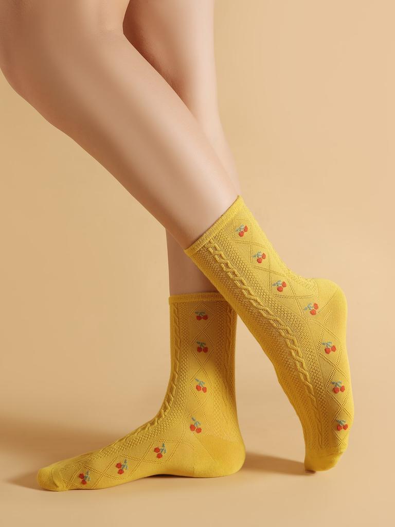 1 Pack Cotton Socks Versatile Knitted Cute Girl Sweat Absorption Cherry Pattern Mid-calf Casual Socks