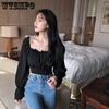 WTEMPO Women Black White Long Puff Sleeve Slim Cropped Tops Summer Solid Square Collar Chiffon Elegant Ins Blouses