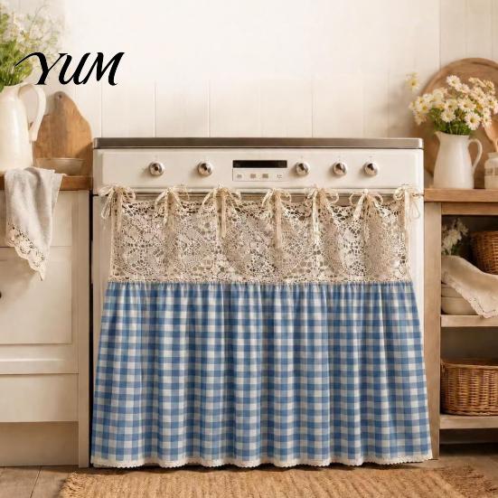 Farmhouse Kitchen Linen Decor Stove Skirt, Plaid Crochet Lace Oven Curtain, Adjustable Handle Cover Skirt Curtain with Ties for Cottage Rustic Cabinet