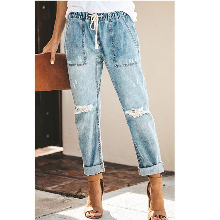 New Summer Sexy Temperament Denim Straight Trousers Elastic Large Size Women's Jeans Jeans Hole Jeans