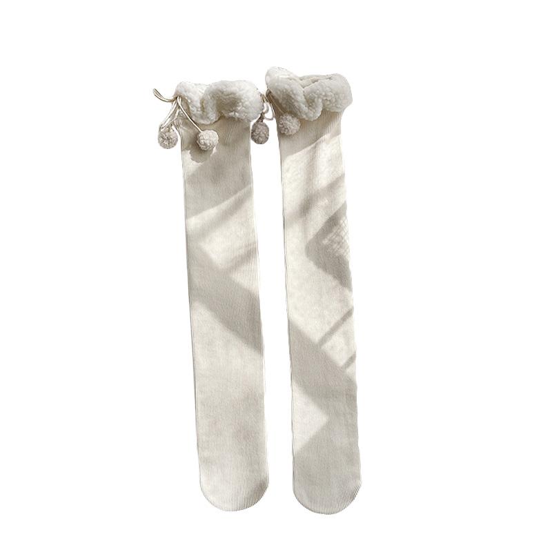 Winter Lamb's Wool Warm Knee-length Socks Padded White Fur Ball Stockings Women's Bottoming Socks JK Knee Socks
