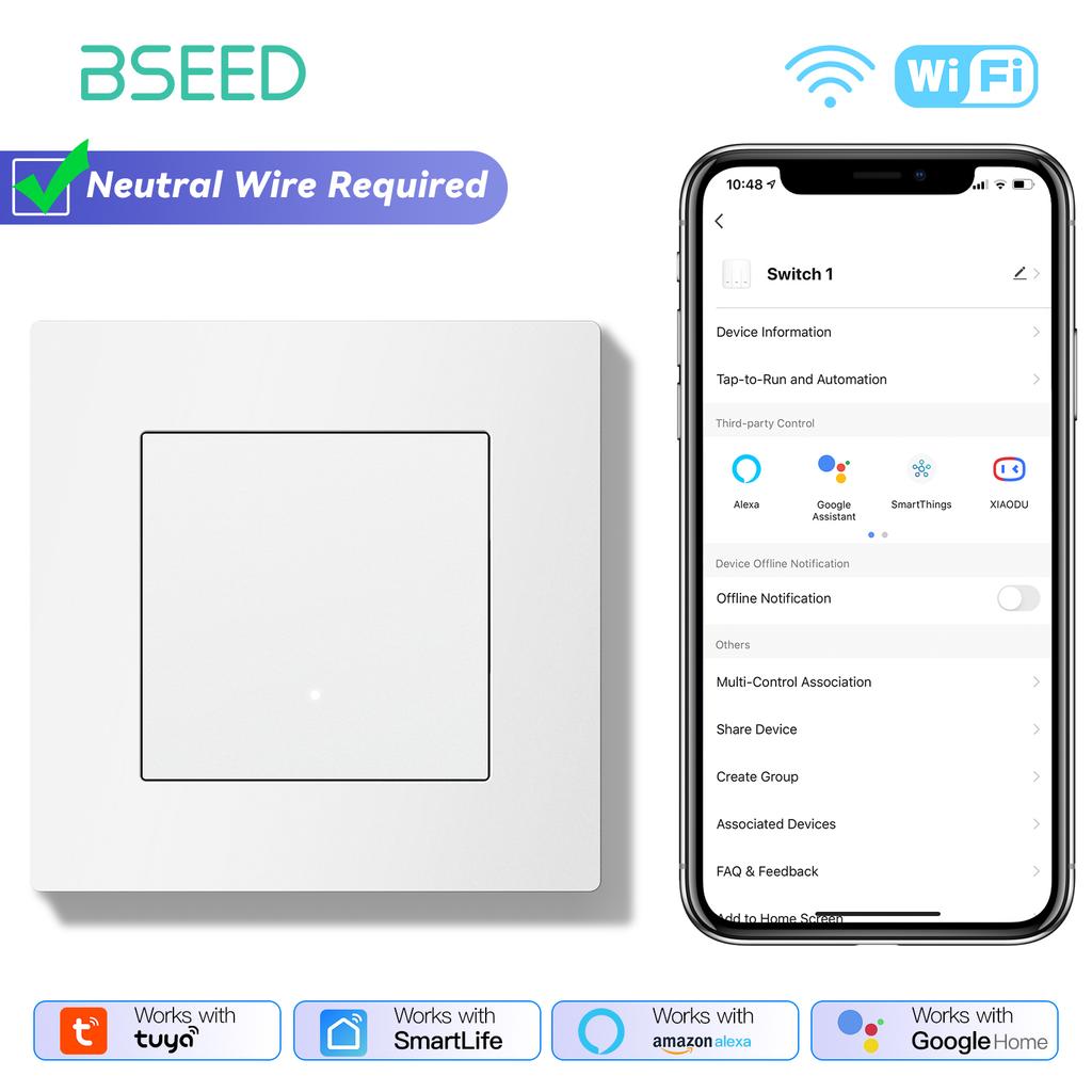 BSEED WIFI Click Switches Wall Smart Click Light Plastic Switches Yellow Backlight Plastic Frame EU Standard Tuya APP Switch