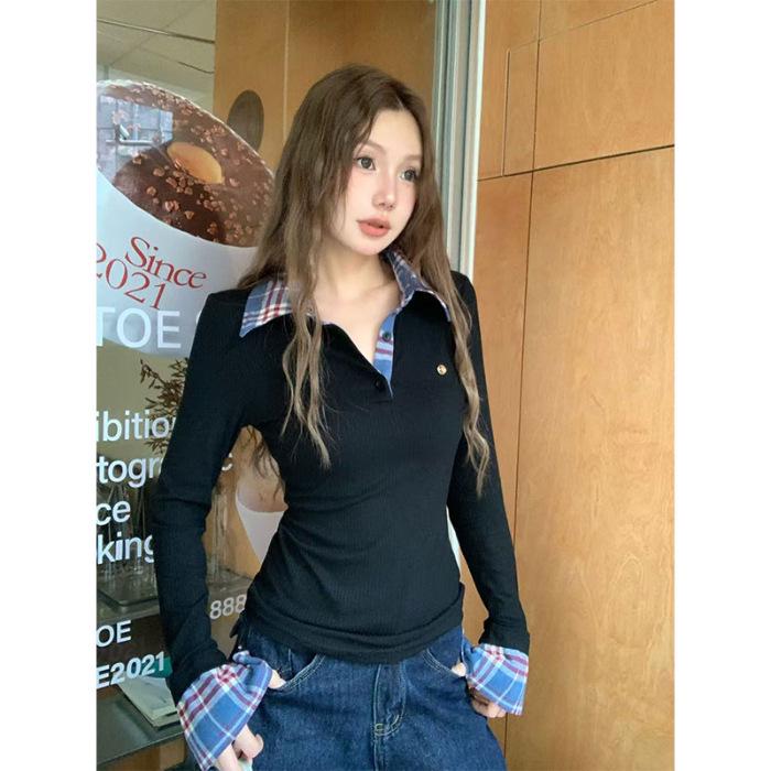 Женский осенний приталенный топ в клетку, имитация двойки, с длинным рукавом и воротником поло