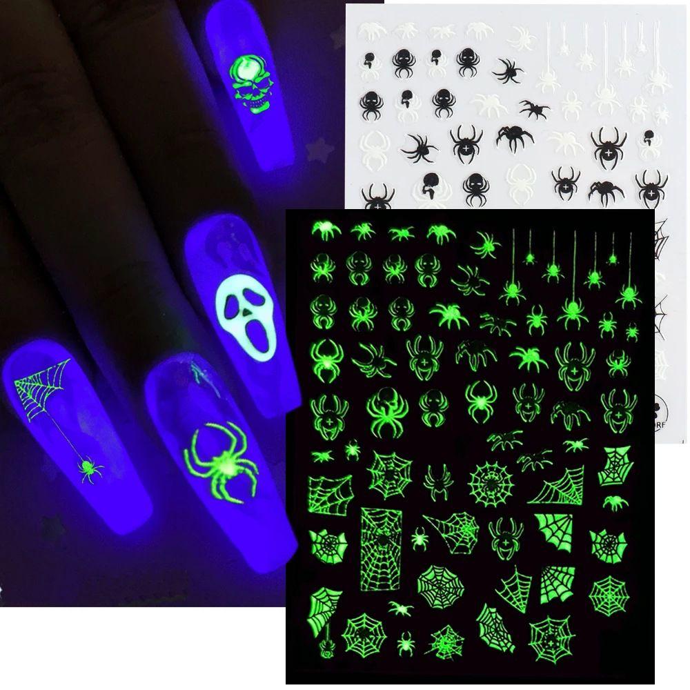 Adhesive Skull Pumpkin Spider Web Manicure Luminous 3D Halloween Nail Stickers Glow In The Dark