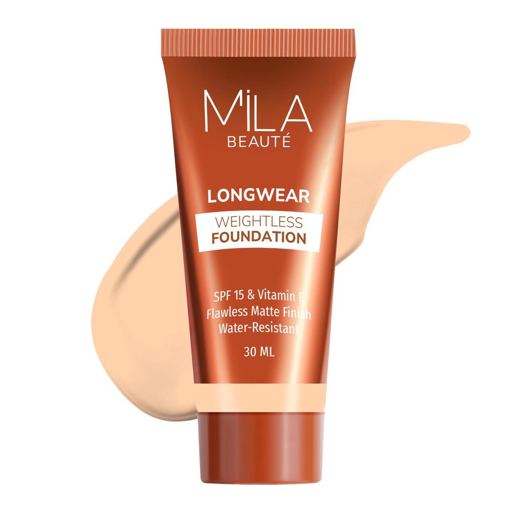 Mila Beauté Стойкая невесомая тональная основа | Матовый финиш с SPF 15 и витамином E | Водостойкая формула с возможностью наслаивания и суперлегкая | Жидкая тональная основа