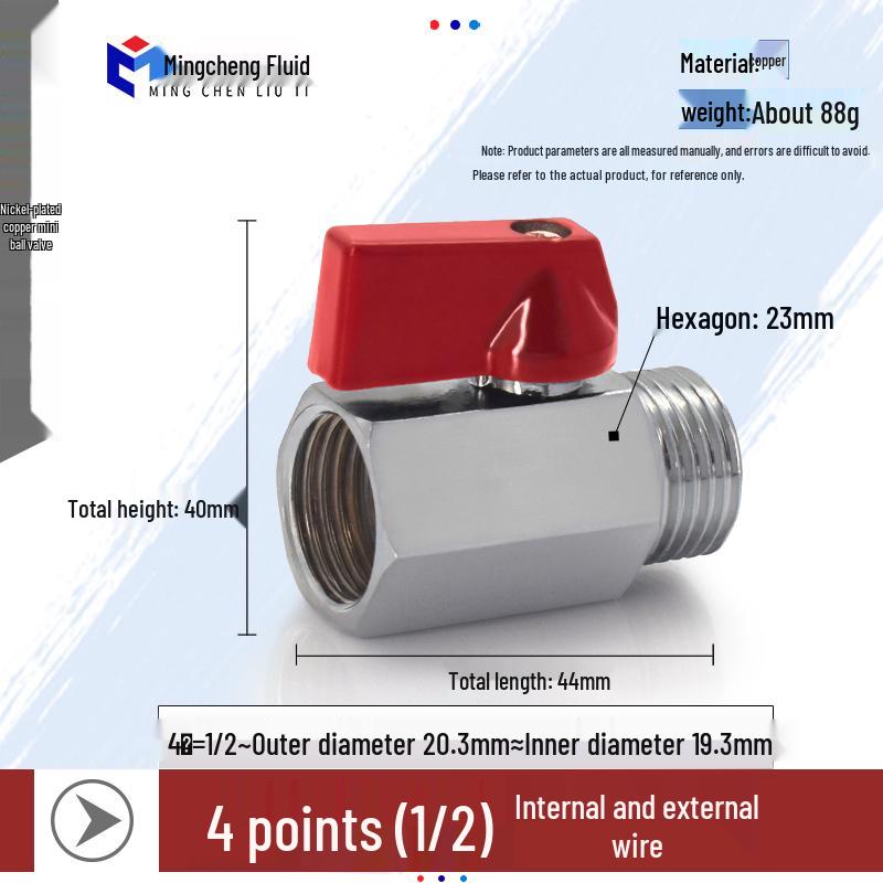 Compact Ball Valve with Double Male/Female Thread, Sizes 1/4", 3/8", 1/2", Pneumatic Polished Electroplated Switch Valve Accessory.