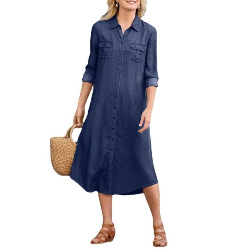 Модное элегантное винтажное джинсовое платье больших размеров, женское летнее повседневное платье с длинным рукавом и длинными рукавами, женское свободное платье миди с однотонными карманами 1004