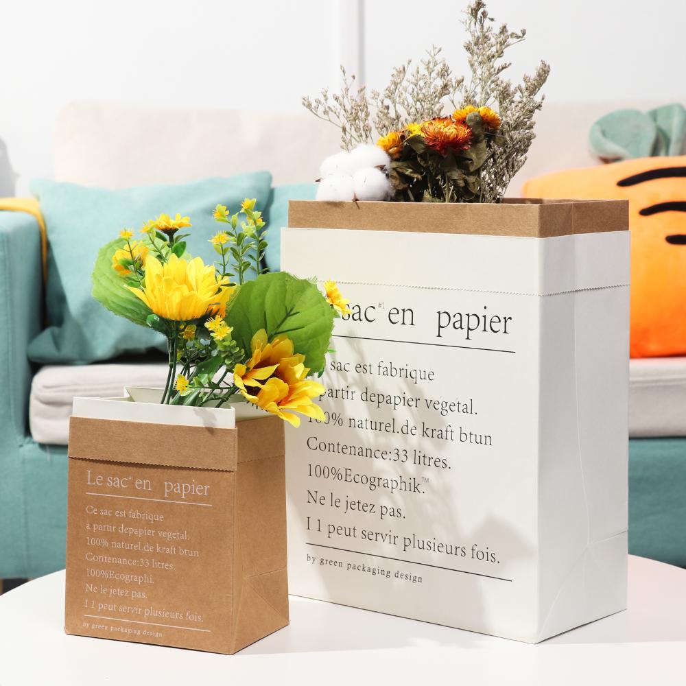 Organize Gift Package Desktop Ornament Kraft Paper Bag Double Layers Storage Basket Vase Flowerpot