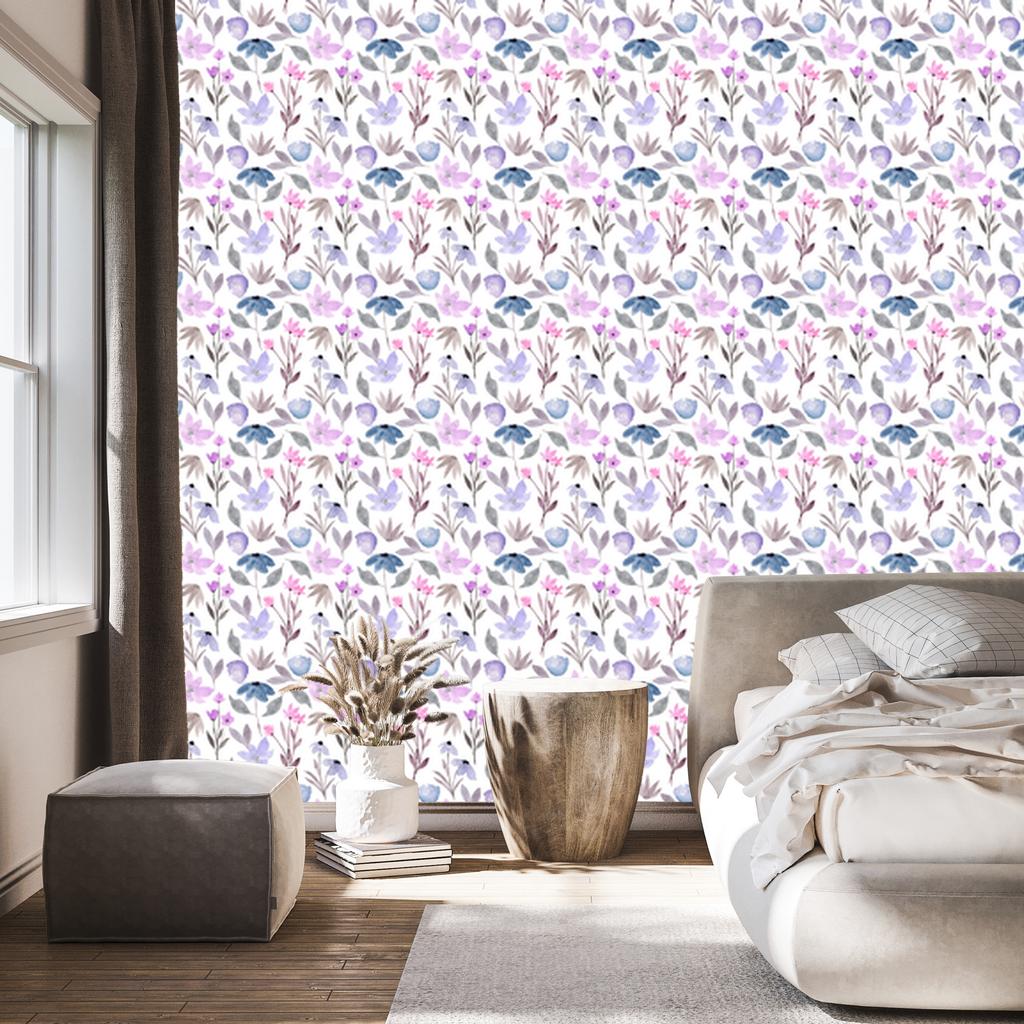 Purple Flowers Wallpaper White and Light Gray for Living Room and Bedroom 50x1000