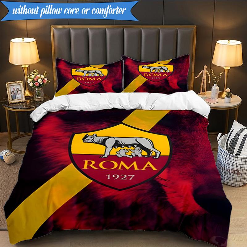 3PCS AS Roma1 Football club Printed Soft Bedding Set,Including 1pc Duvet Cover And 2pcs Pillowcases Perfect for Bedroom, Dormitory, Fan gift