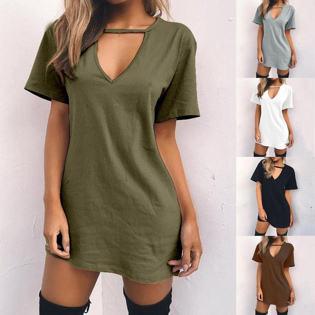 Fashion Women Casual Short Sleeve V-Neck Solid Ladies Hollow Out Mini Dress