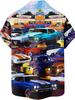 Men's Vintage Car Scene Button- Shirt Featuring A Classic Muscle Car And Palm Tree Design Lightweight Short-Sleeved Casual Top Suitable for Summer