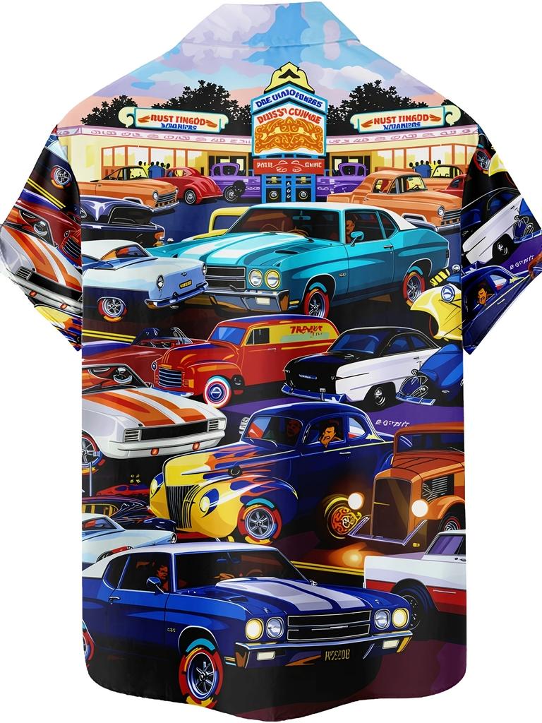 Men's Vintage Car Scene Button- Shirt Featuring A Classic Muscle Car And Palm Tree Design Lightweight Short-Sleeved Casual Top Suitable for Summer