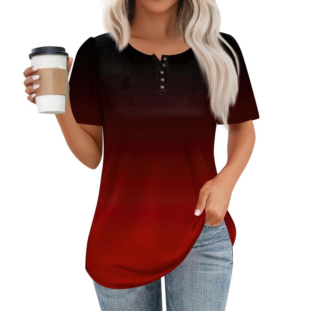 Женский модный повседневный короткий рукав пуловер с принтом на пуговицах и круглым вырезом