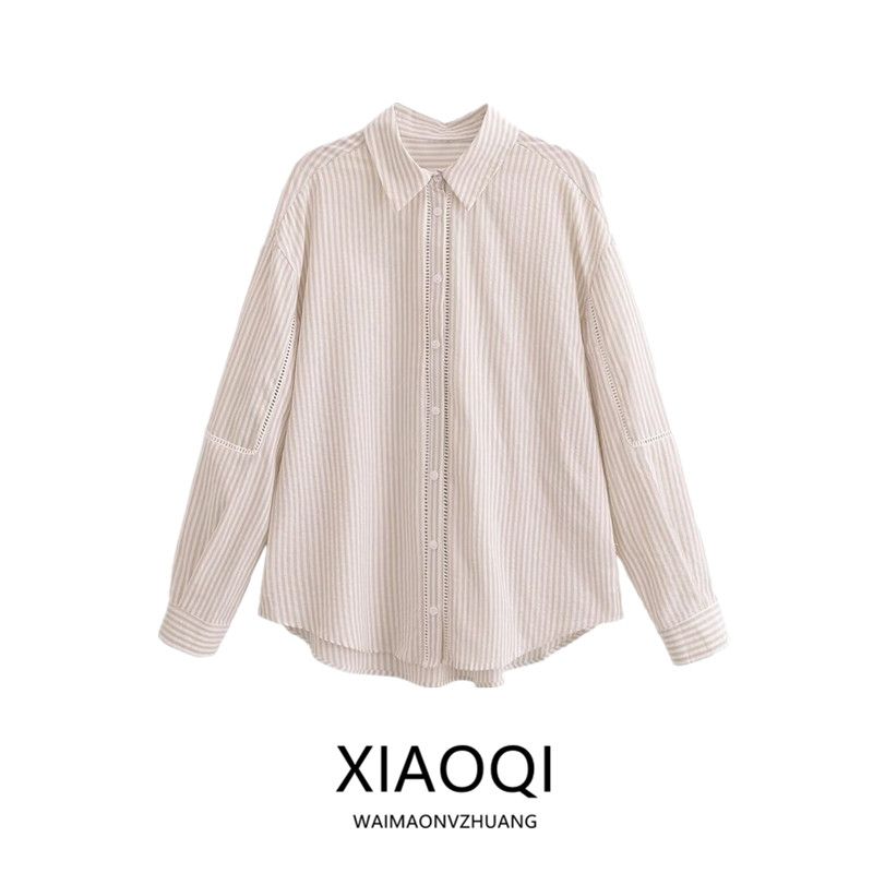 Fashion Style 2024 Summer New Arrival Women's Clothing All-Matching Graceful Vertical Lace Linen Blended Shirt 2556841