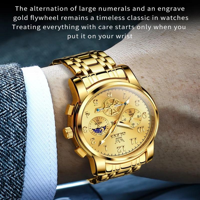 OLEVS Fashion Business Mens Wristwatches Gold Clock Male Stainless Steel Waterproof Calendar Quartz Watches