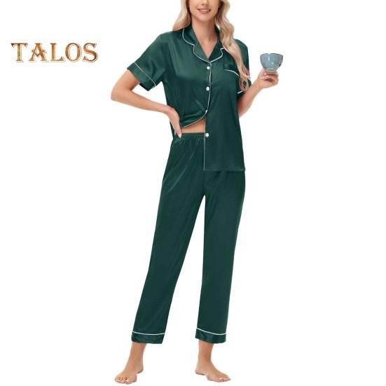 Пижамный костюм из 2 предметов, однобортный, из атласа, шелка, большого размера, кардиган, рубашка с V-образным вырезом, воротник-стойка, однотонная рубашка, широкие свободные брюки, ночная рубашка
