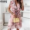Women's Fashion Summer Spring Flower Pattern Print Short Sleeve V-Neck Casual Dresses