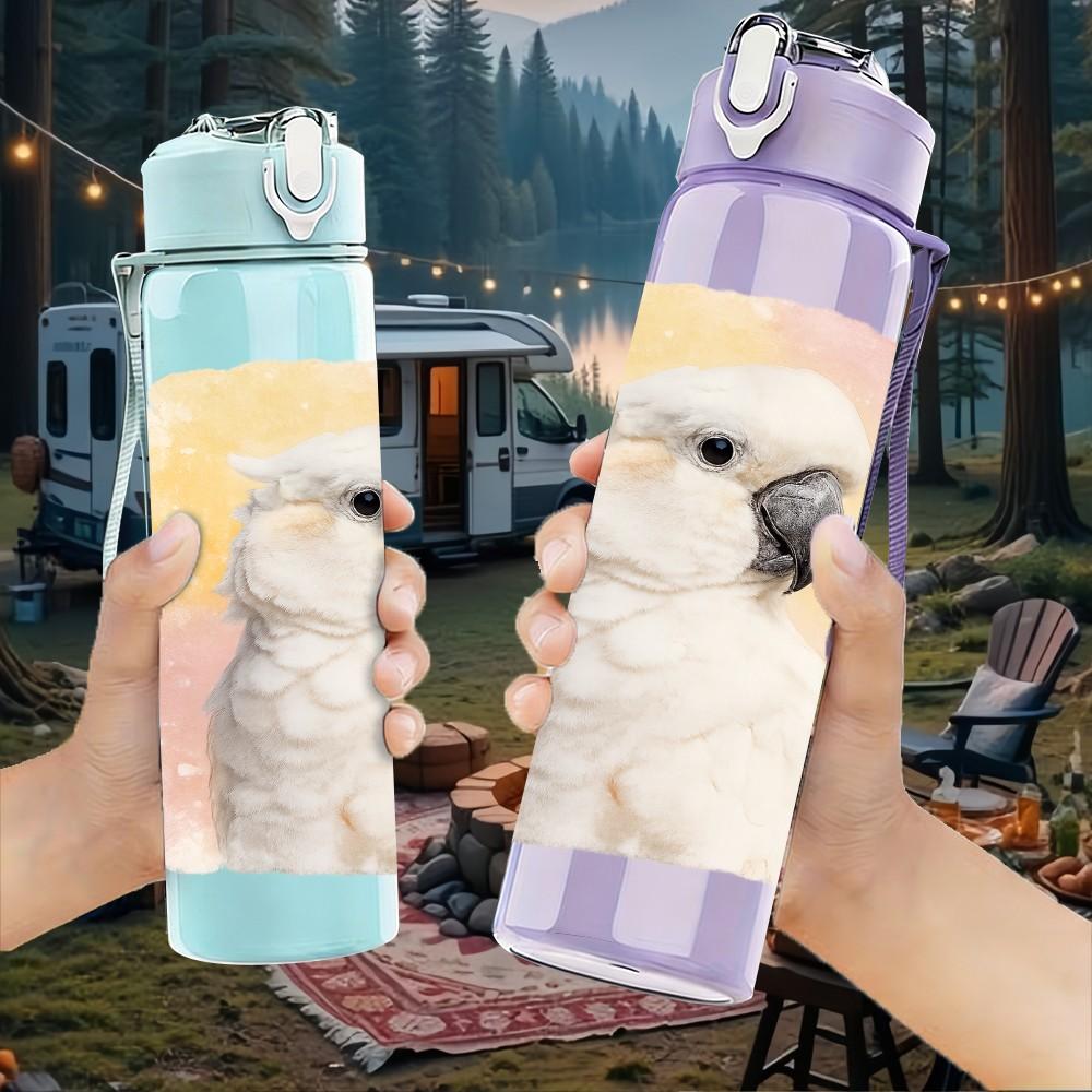 1PC White Cockatoo Bird Side Portrait 750ml Color Plastic Sports Water Bottle Leakproof Flip Straw Lid Suitable for Sports Office Home Use