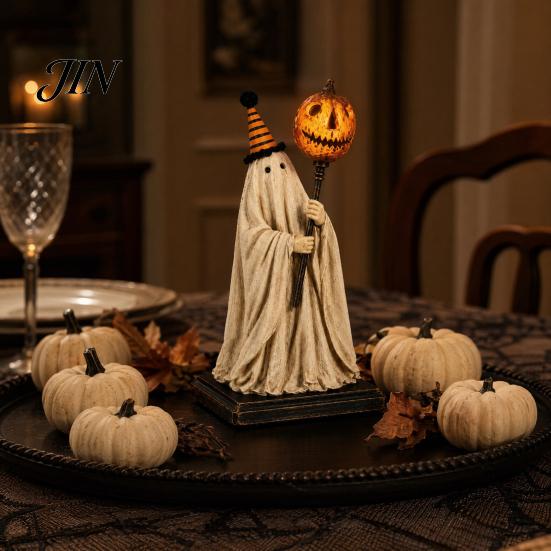 Shabby Fabric Ghost Decoration Vintage Figurine with Glowing Pumpkin Scepter, Halloween Ornament Retro LED Light, Resin Lighted for Indoor Outdoor