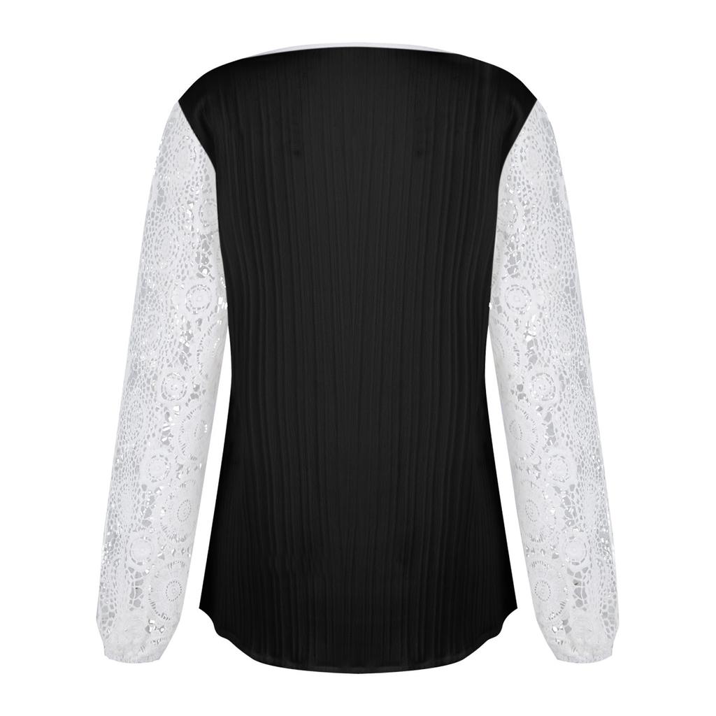 Women's Loose V-neck Lace Patchwork Long Sleeved Casual T-shirt Top