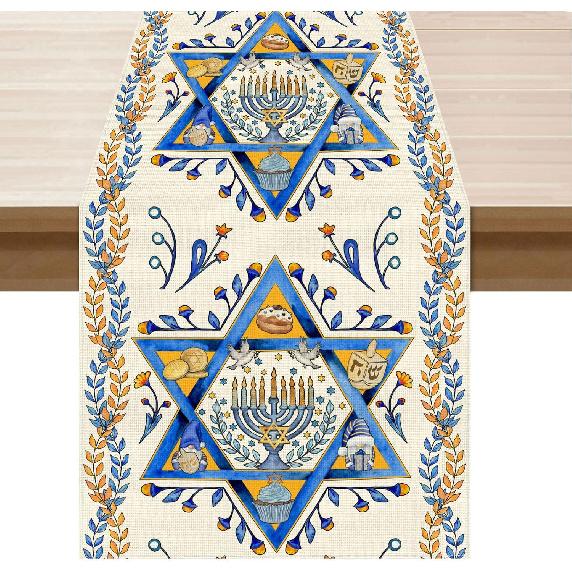 XCHI Six-Pointed Star Hanukkah Olive Leaf Chanukah Menorah Table Runner Table Decoration for Party Home Kitchen Dining Holiday Decor 13x72 Inch