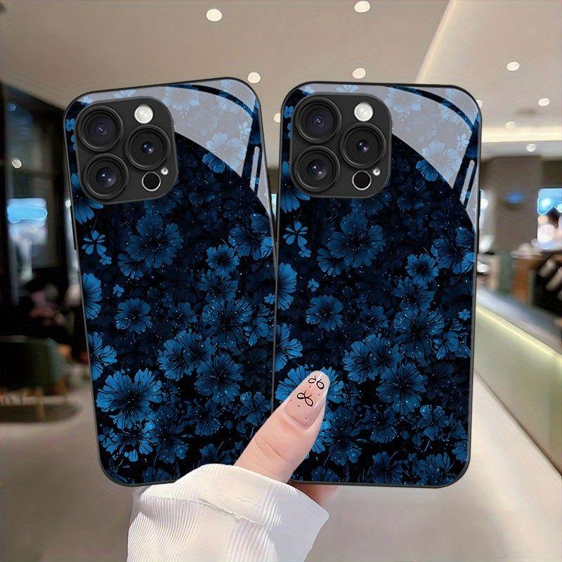 Deep Blue Floral Pattern Tempered Glass Phone Case For Samsung Galaxy S26 S25 S24 S23 Ultra Plus FE Shockproof Cover