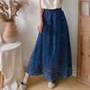 Ramie Elastic Waist Vintage Print Women Skirts Summer Casual All Match Loose Blue Female Skirts