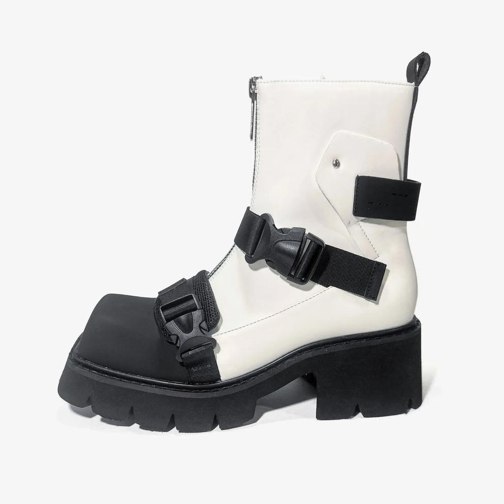 2024 Европейский стиль квадратный носок толстый каблук мотоциклетные ботинки женские кожаные молния спереди короткий ремень пряжка модные ботинки челси