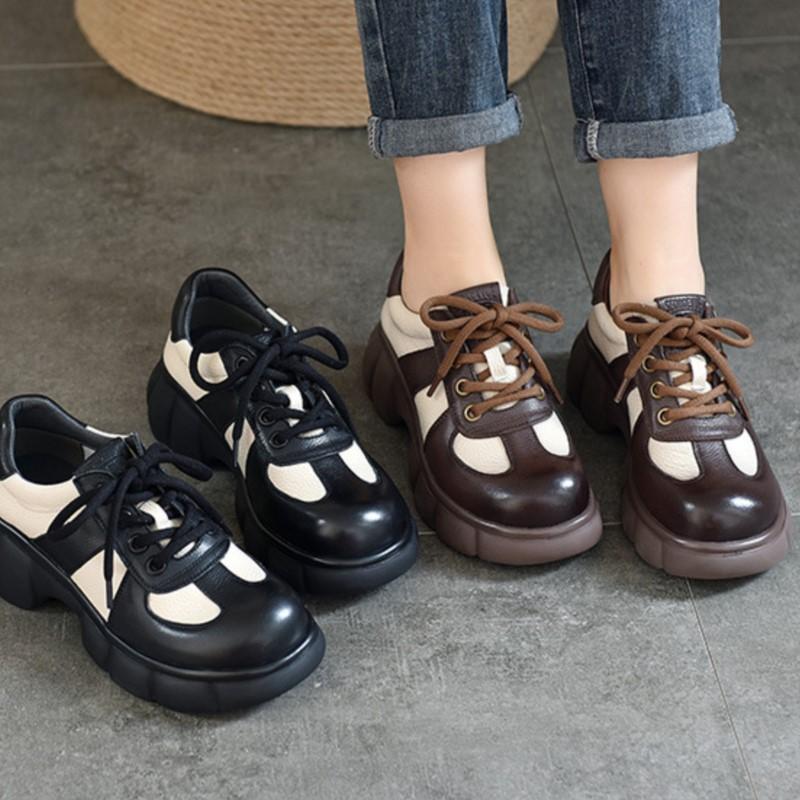 Johnature Женская обувь из натуральной кожи в стиле ретро на толстой подошве, туфли-лодочки с круглым носком на шнуровке, разноцветные туфли на платформе