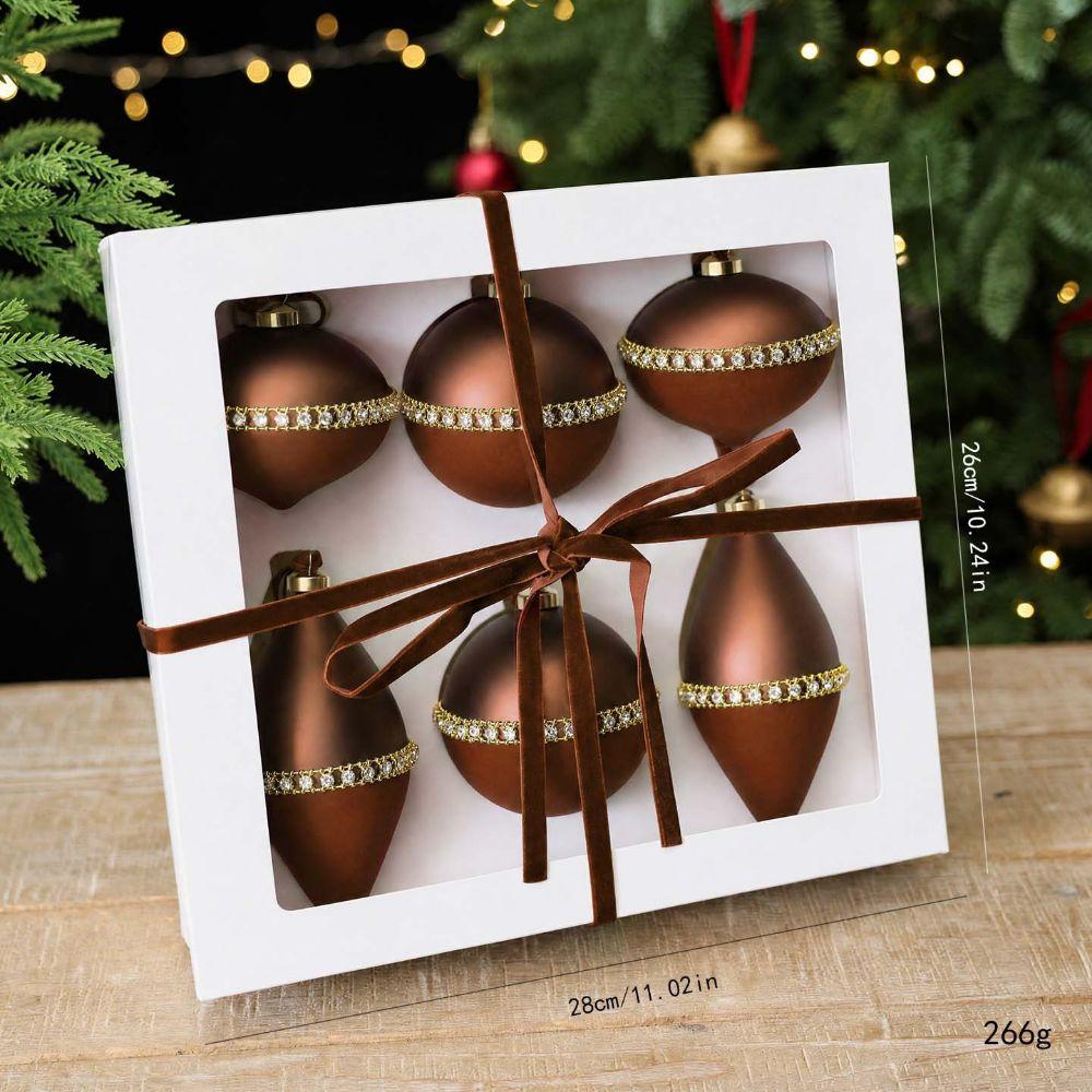 6Pcs Rhinestone Studded Rhinestone Christmas Bauble Flocked Xmas Tree Pendant Home Decoration