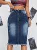 Женская облегающая юбка-миди с разрывами - Джинсовая юбка с необработанным краем