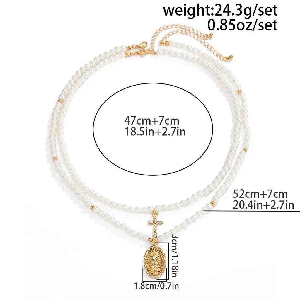 SHIXIN 2 Pcs/Set Hip Hop Jesus Cross Pendants Necklace Men Trendy Charm Imitation Pearls Chain Adjustable Chokers Street Jewelry