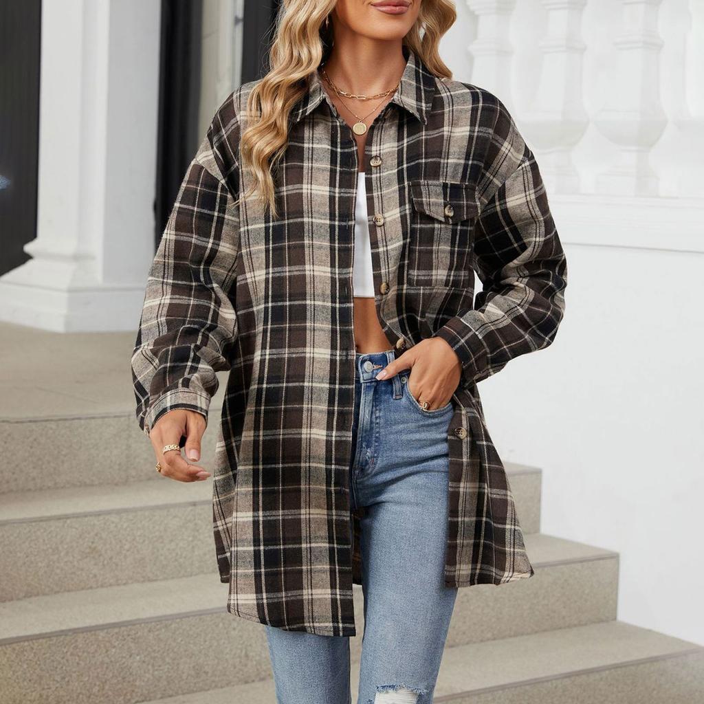 Женская модная широкая клетчатая куртка-рубашка с длинными рукавами и карманами на пуговицах