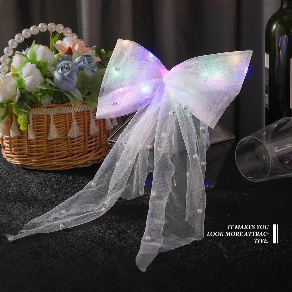 Jeairts Led Veil Bridal Bow Clip Pearl Wedding Hair Piece Glowing White Tulle Bow with Clip Bachelorette Party Hair Accessories for Women and Girls