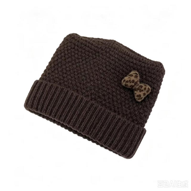 Autumn and winter leopard print bow cold hat women's waffle flanged wool hat retro sweet warm knitted hat