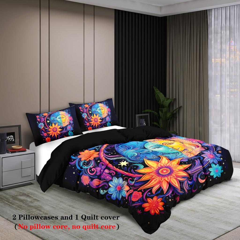 3pcs Sun and Moon Face Pattern Printed Bedding Set, 1*duvet Cover+2*pillowcase,for Teenagers and Adult Bedroom, Birthday Gift