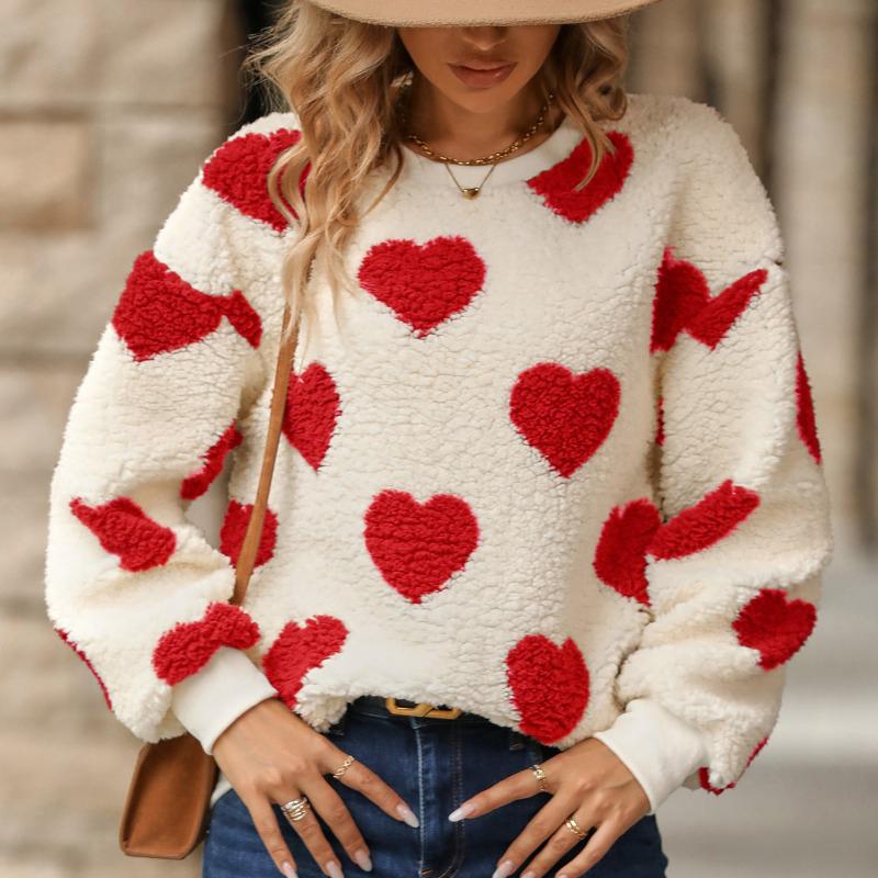 Women's Love Print Loose Long-sleeved Velvet Sweater Casual Round Neck Pullover Hoodie Sweaters Tops