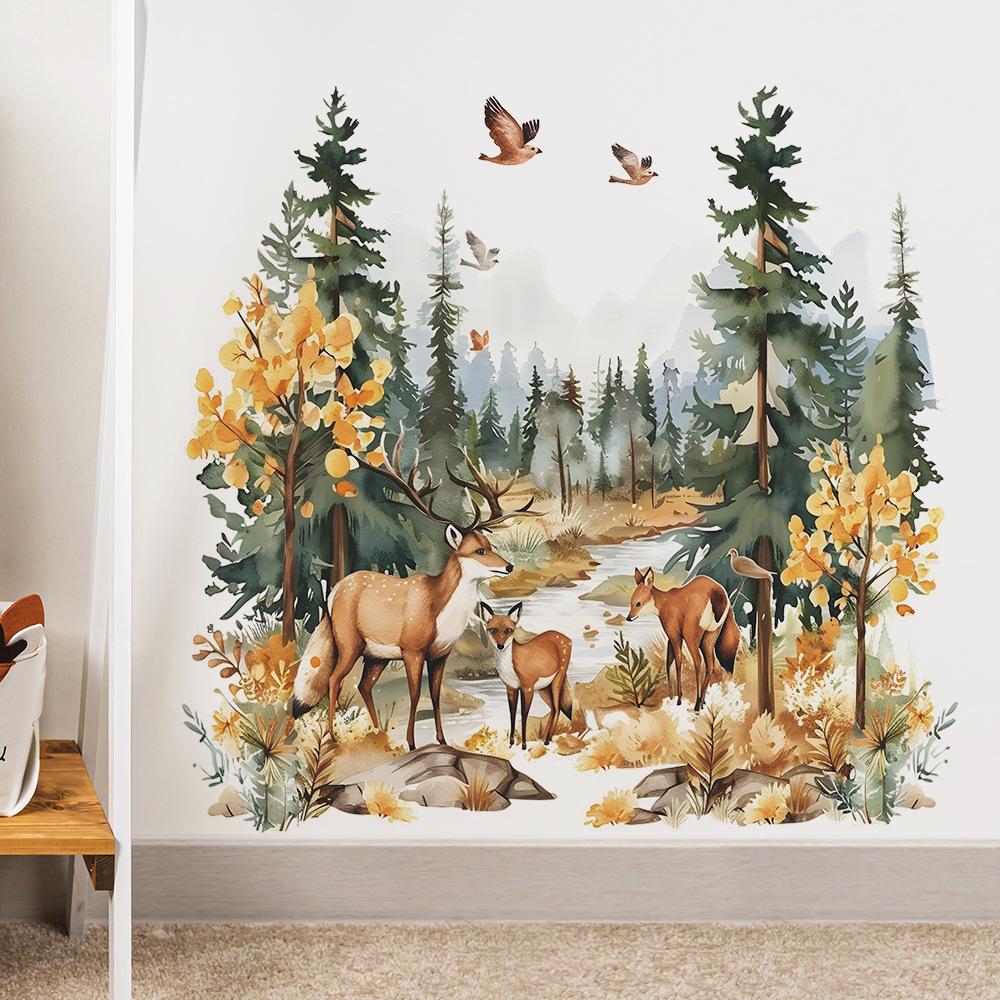 Fun-b53 Мультфильм Олень Лес Детская Комната Детский Сад Домашний Фон Ландшафтный Дизайн Наклейка На Стену