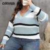 Women's Plus Size Pullover Fall New V Neck Color Patchwork Fashion Sweater