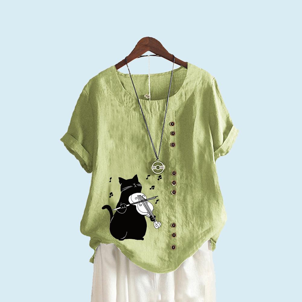 Женская модная футболка с коротким рукавом, летняя и осенняя повседневная верхняя одежда с круглым вырезом и принтом кота, пуловер, свободные хлопковые льняные блузки