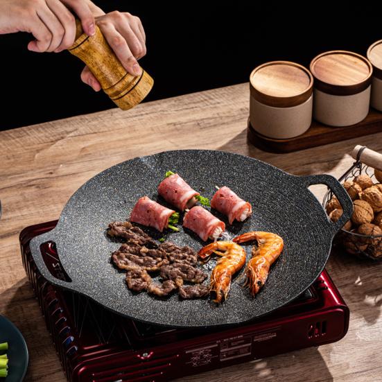 Yousheng Korean BBQ Grill Pan Non-stick Round Baking Pan for Indoor Cooking Barbecue Tray with Handles Cast Iron Frying Pan for Home Camping