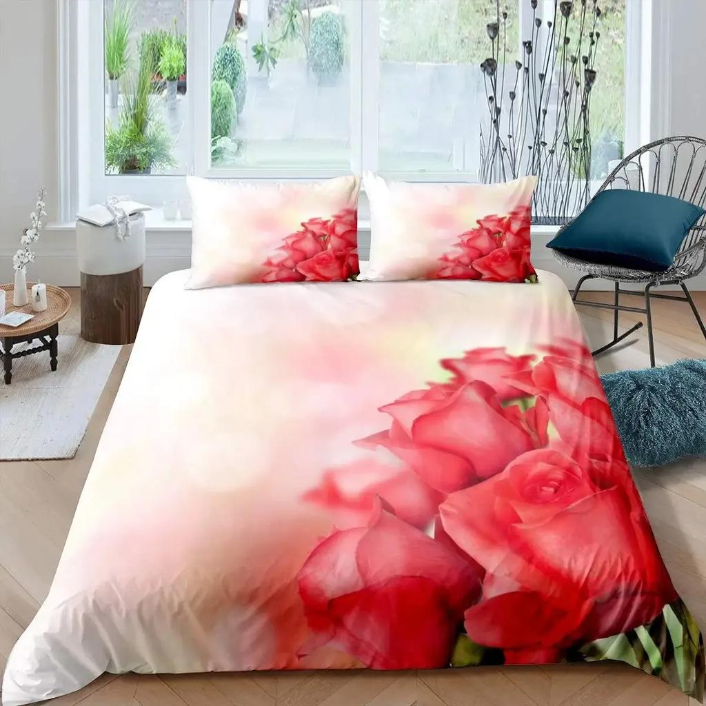 Valentine'S Day Rose Duvet Cover Set Romantic Couple Theme Bedding Set 3D Rose Comforter Cover Set Love Bedspread Twin King Size